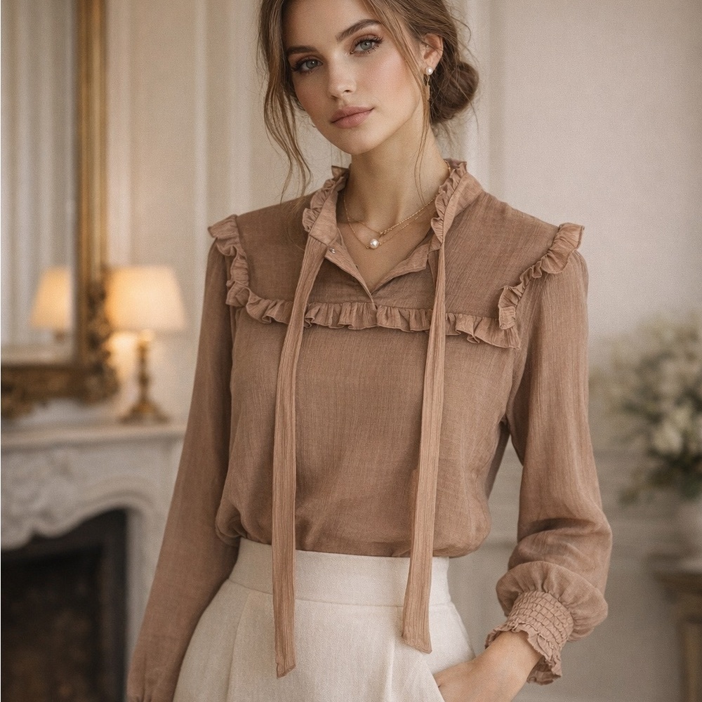 Wear & Flair New York Vintage Ruffle Trim Bib Blouse